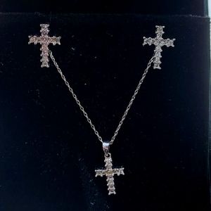 Diamond Cross Pendant Chain and Earrings Gold Set